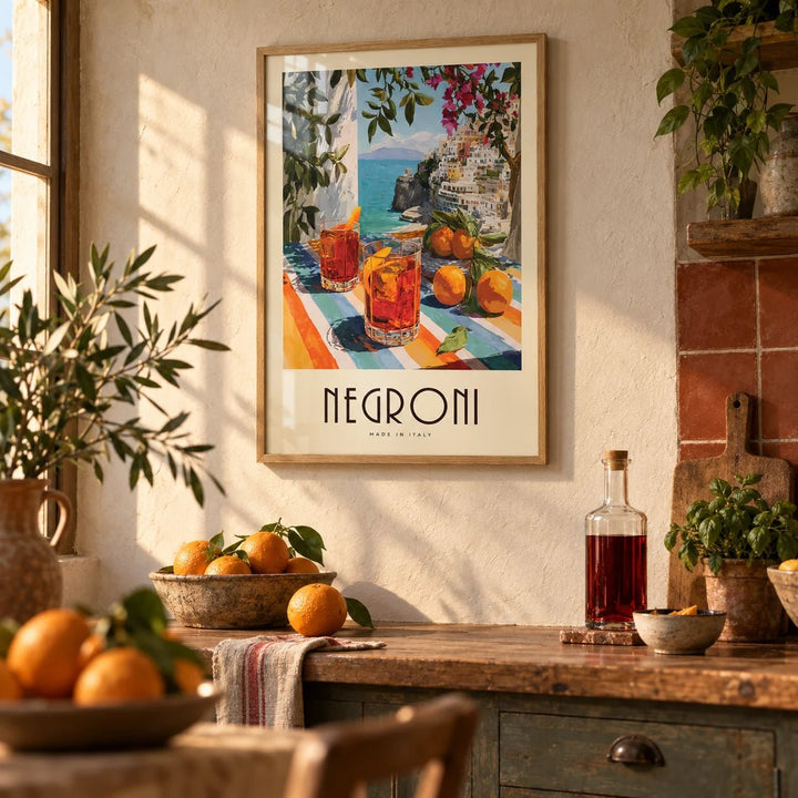 Italian Drink Posters, framed on the wall of a rustic Italian kitchen