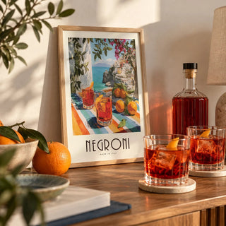 Italian Drink Posters, a small A4 framed print leaning on a sideboard in a living room