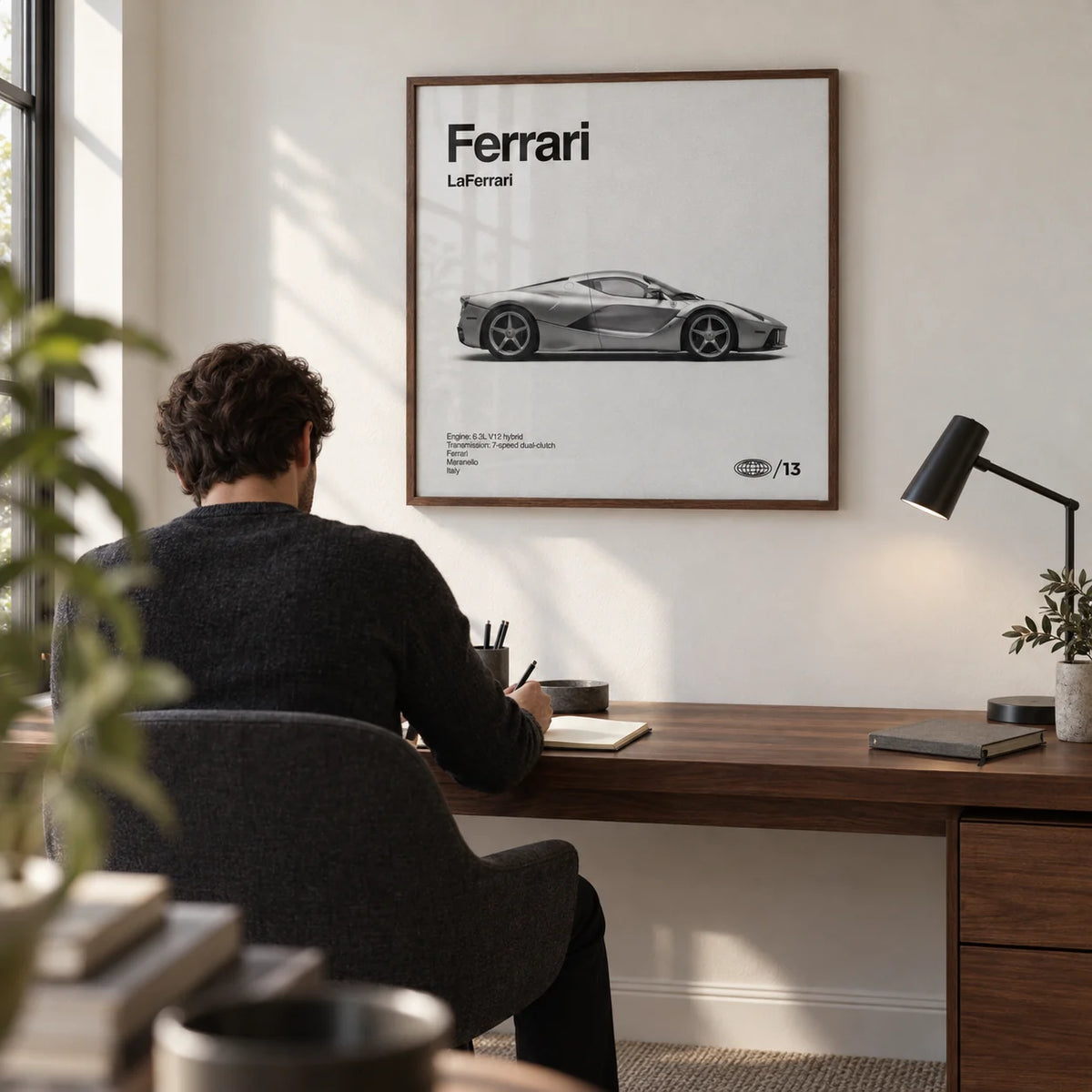 Italian Hybrid Hypercar Poster, framed on the wall of a compact design-led home study with a soft white wall and a wide walnut desk