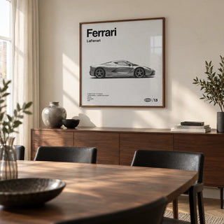 Italian Hybrid Hypercar Poster, framed on the wall of a modern dining room in a UK flat with a warm white wall