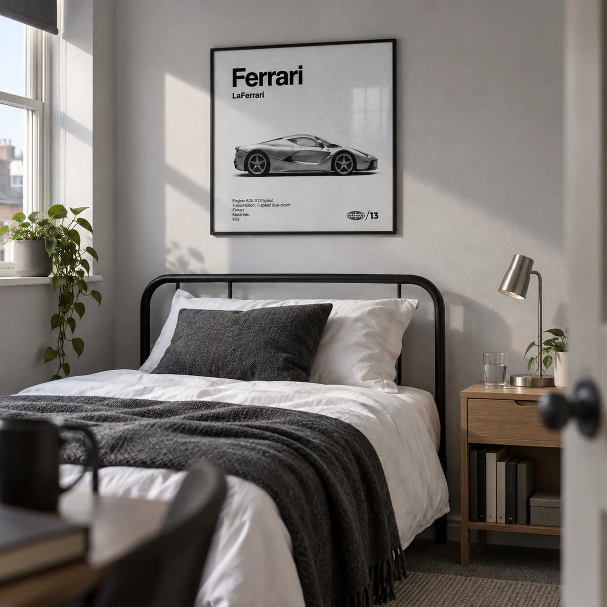Italian Hybrid Hypercar Poster, framed on the wall of a young adult's single bedroom (18-24) in a UK shared house with a pale grey wall