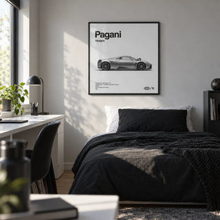 Italian Hypercar Poster, framed on the wall of a crisp teen boy's bedroom (13-17) with a pale grey wall