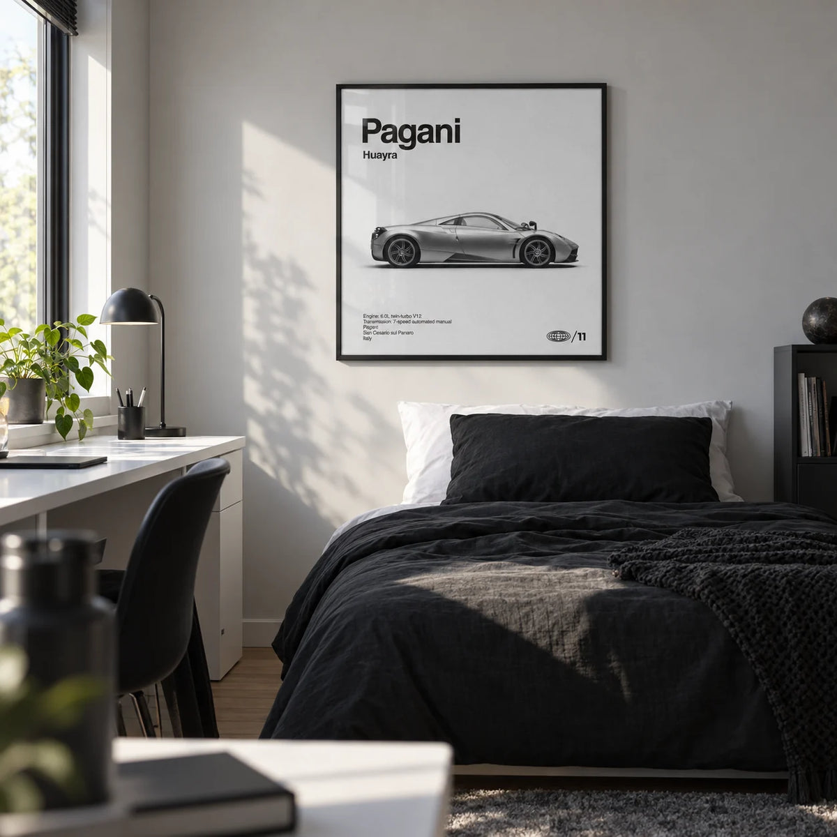 Italian Hypercar Poster, framed on the wall of a crisp teen boy's bedroom (13-17) with a pale grey wall