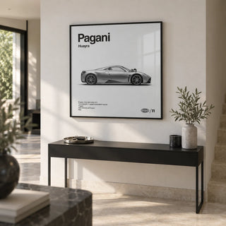 Italian Hypercar Poster, framed on the wall of a modern hallway with a white wall and a pale stone floor