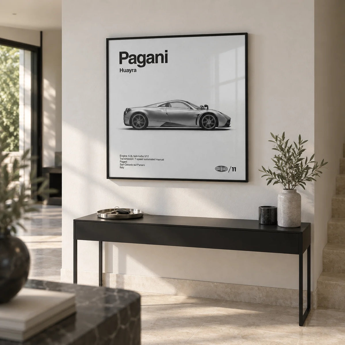 Italian Hypercar Poster, framed on the wall of a modern hallway with a white wall and a pale stone floor