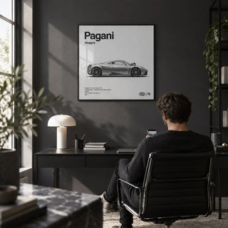 Italian Hypercar Poster, framed on the wall of a modern home office with a charcoal wall