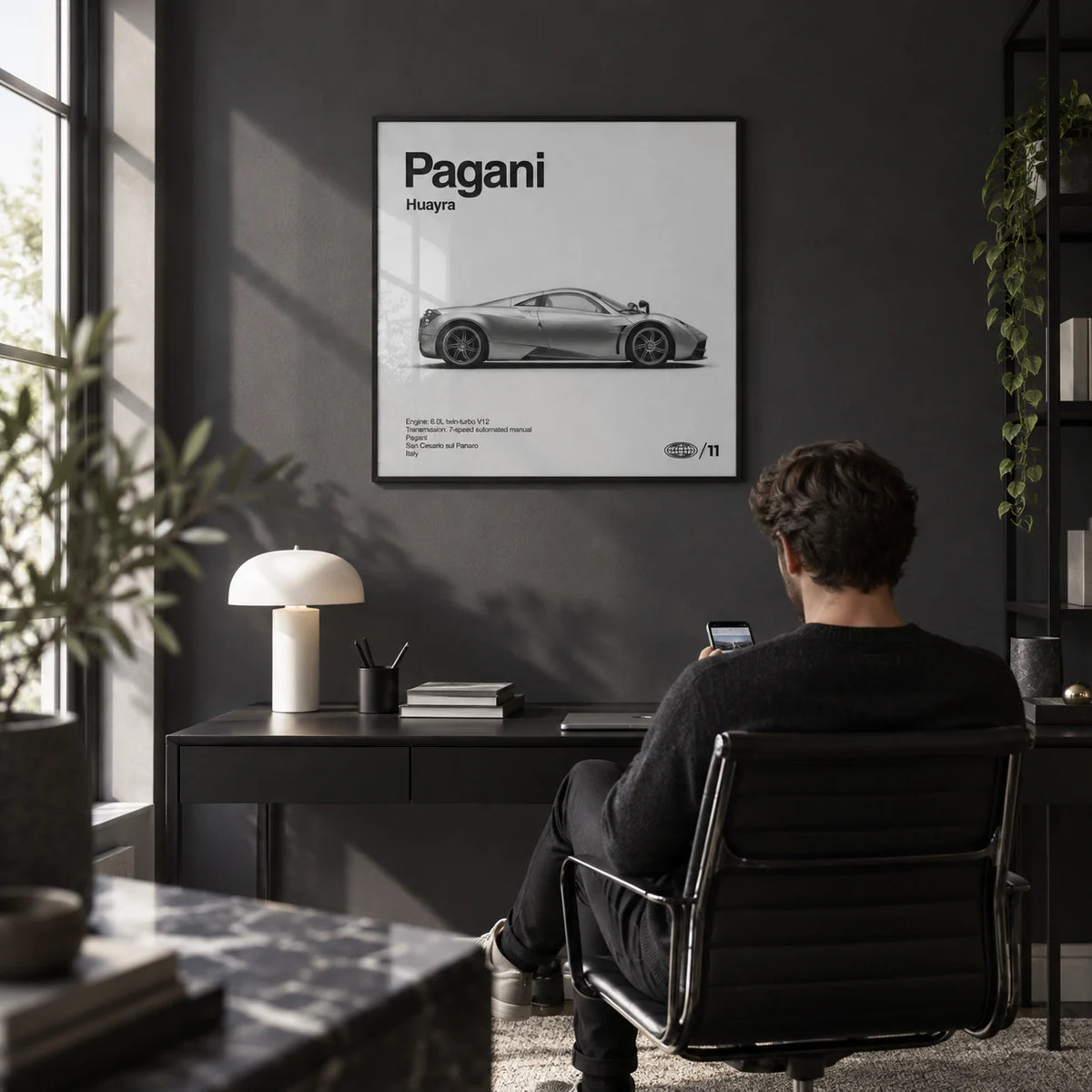 Italian Hypercar Poster, framed on the wall of a modern home office with a charcoal wall