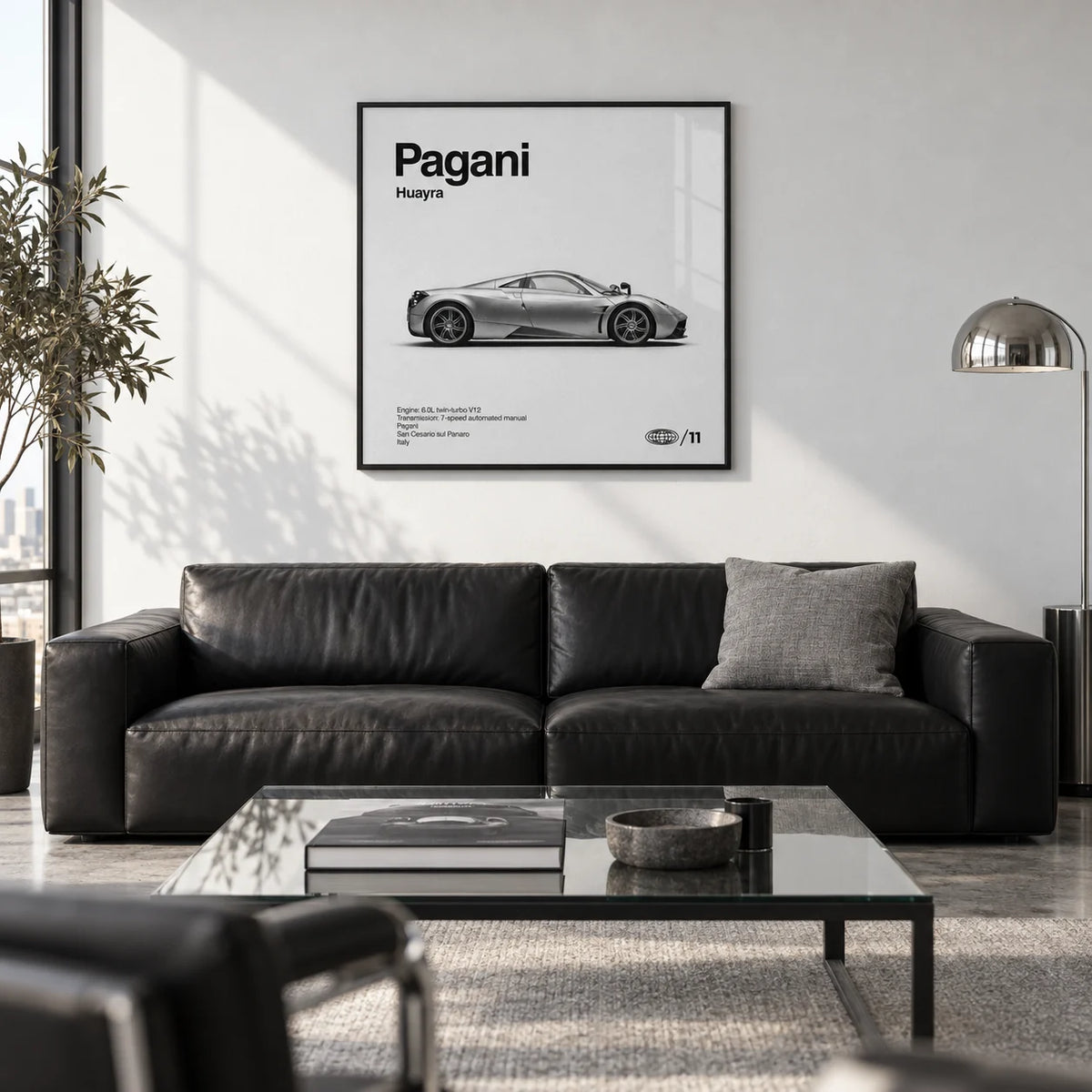 Italian Hypercar Poster, framed on the wall of a sleek city penthouse living room with a white wall and a polished concrete floor