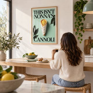 Italian Kitchen Art, framed on the wall of a bright open-plan kitchen with a white wall