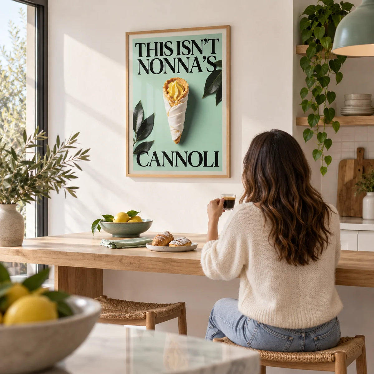Italian Kitchen Art, framed on the wall of a bright open-plan kitchen with a white wall