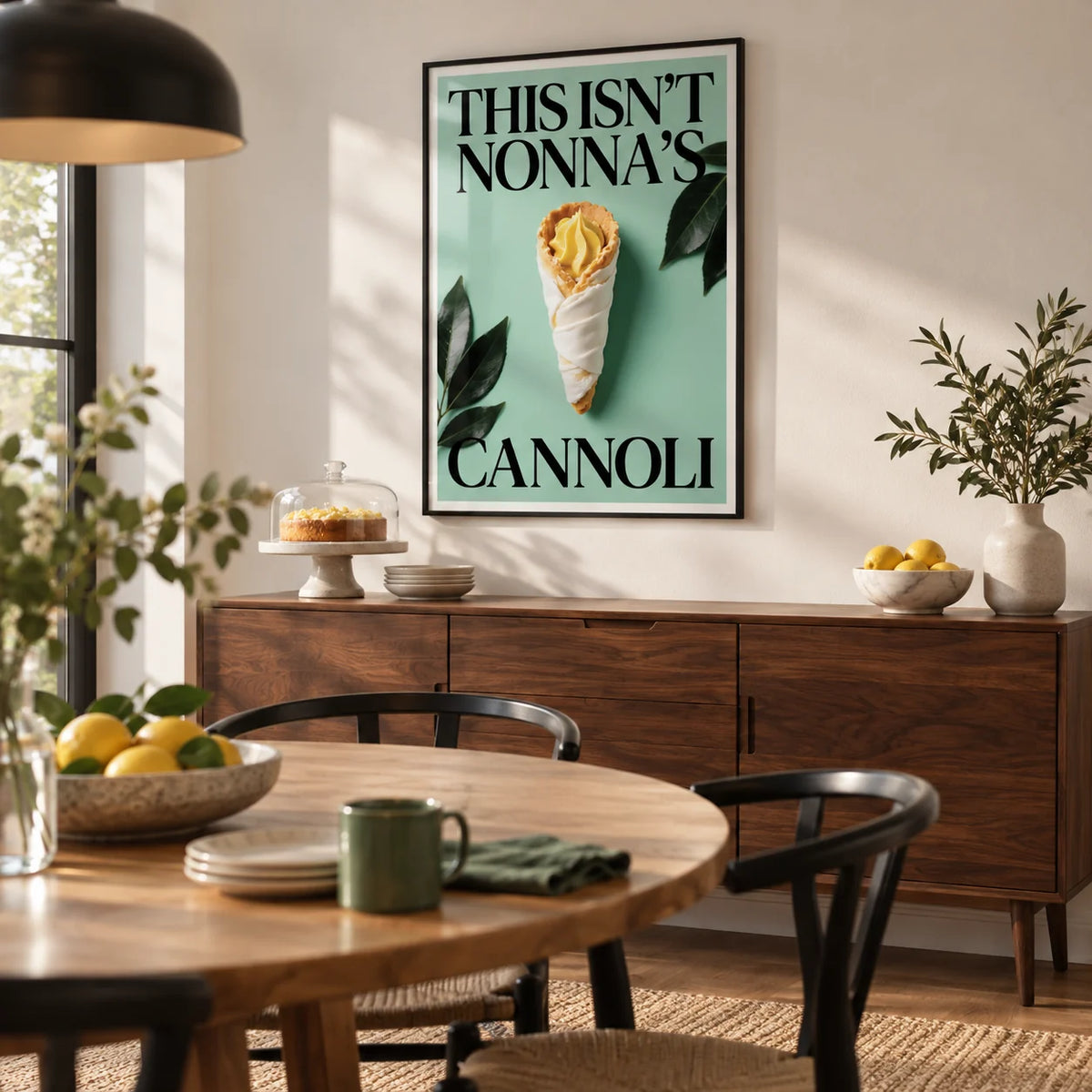 Italian Kitchen Art, framed on the wall of a modern dining room with a warm white wall