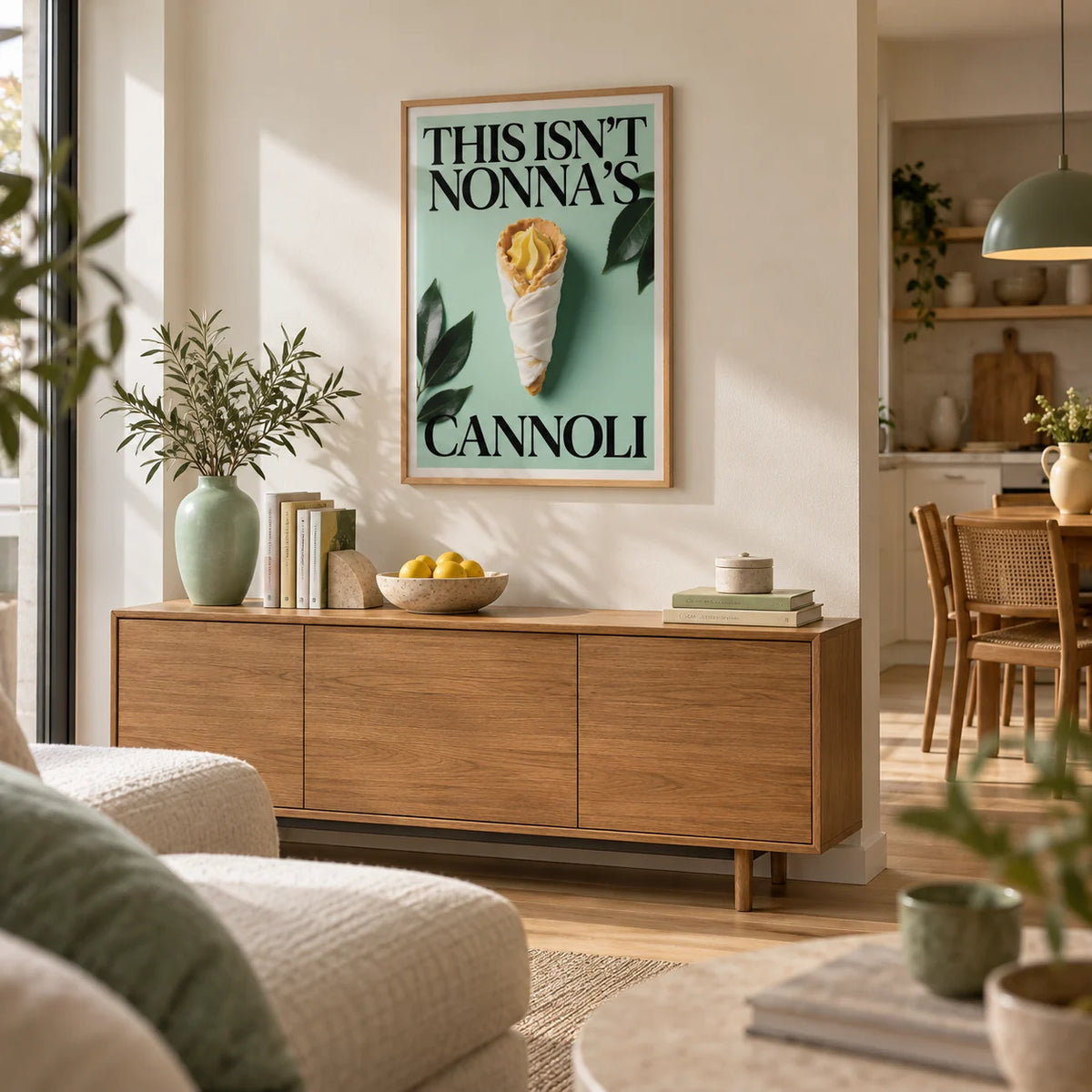 Italian Kitchen Art, framed on the wall of an open-plan living space in a modern flat with a cream wall in a living room