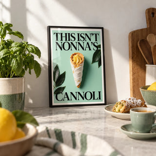 Italian Kitchen Art, a small A4 framed print leaning on a kitchen worktop