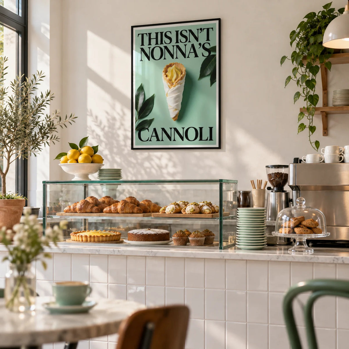 Italian Kitchen Art, framed on the wall of a small modern Italian bakery cafe with a white tiled counter front and a plain white wall