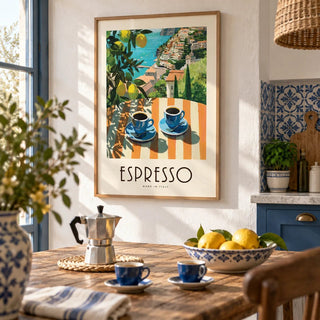 Italian Kitchen Painting, framed on the wall of a Mediterranean open-plan kitchen-diner