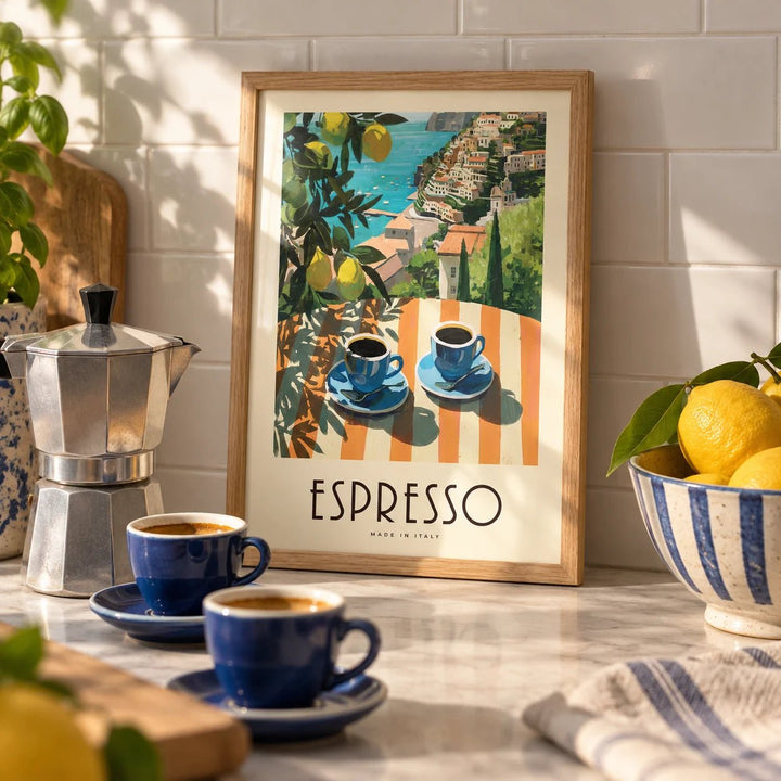 Italian Kitchen Painting, a small A4 framed print leaning on a worktop