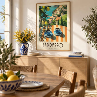 Italian Kitchen Painting, framed on the wall of a sunny dining room