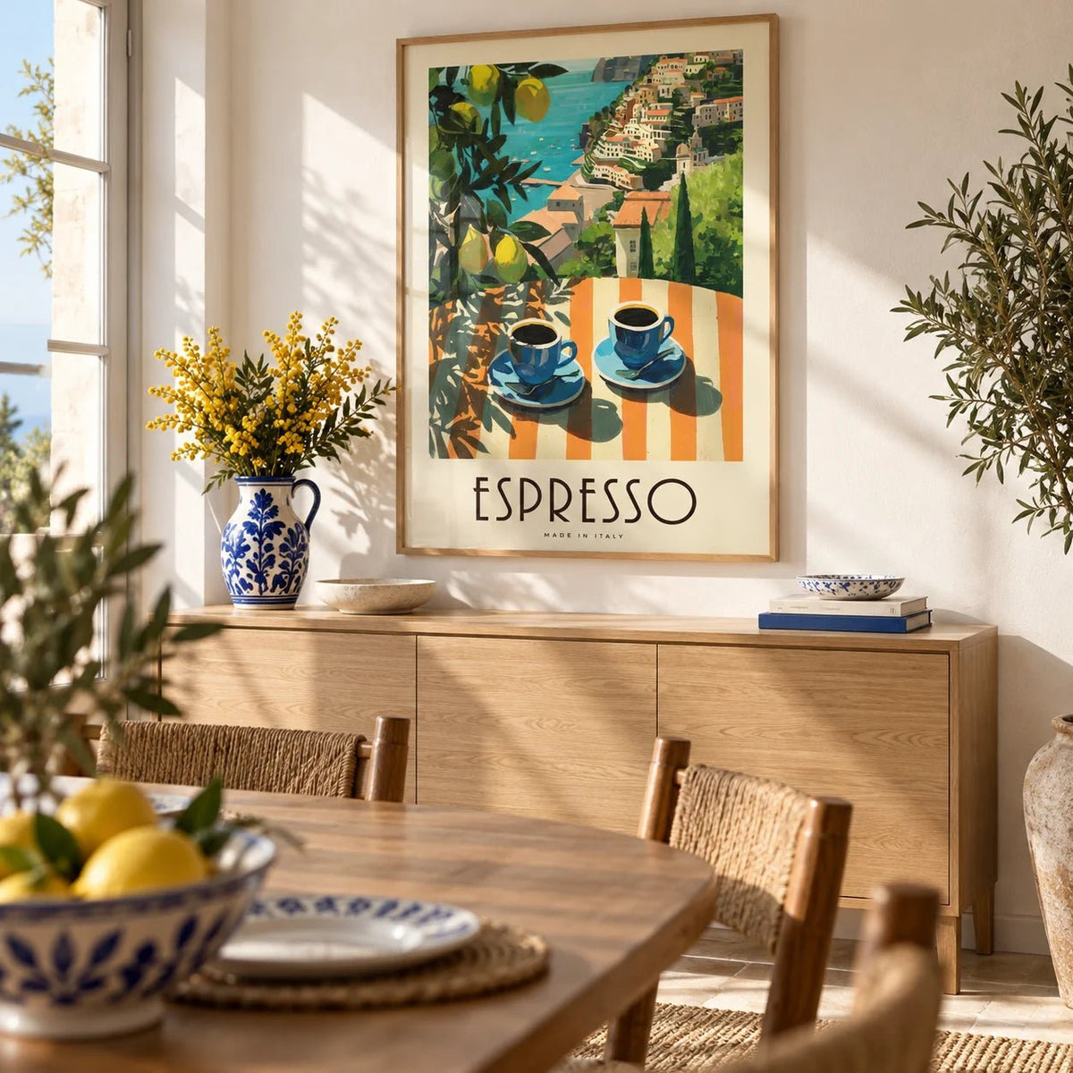 Italian Kitchen Painting, framed on the wall of a sunny dining room