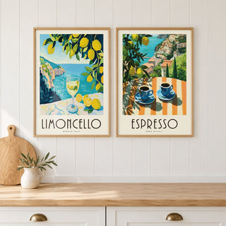 Italian Kitchen Prints Set of 2 hung at eye level above a wooden kitchen worktop: Amalfi Limoncello and Amalfi Espresso shown framed side by side (frames not included)