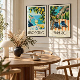 Italian Kitchen Prints Set of 2 styled above a round fluted oak dining table with a mushroom lamp: Amalfi Limoncello and Amalfi Espresso shown framed side by side (frames not included)