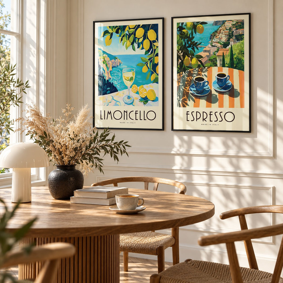Italian Kitchen Prints Set of 2 styled above a round fluted oak dining table with a mushroom lamp: Amalfi Limoncello and Amalfi Espresso shown framed side by side (frames not included)