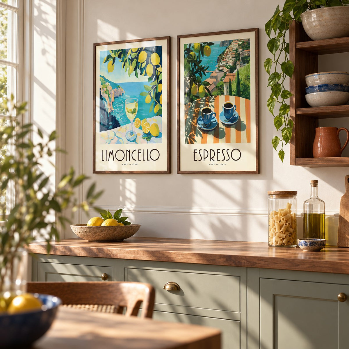 Italian Kitchen Prints Set of 2 styled on a kitchen wall beside a walnut shelf of ceramics: Amalfi Limoncello and Amalfi Espresso shown framed side by side (frames not included)
