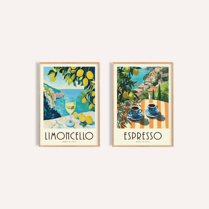 Italian Kitchen Prints Set of 2: Amalfi Limoncello and Amalfi Espresso side by side, two separate unframed prints