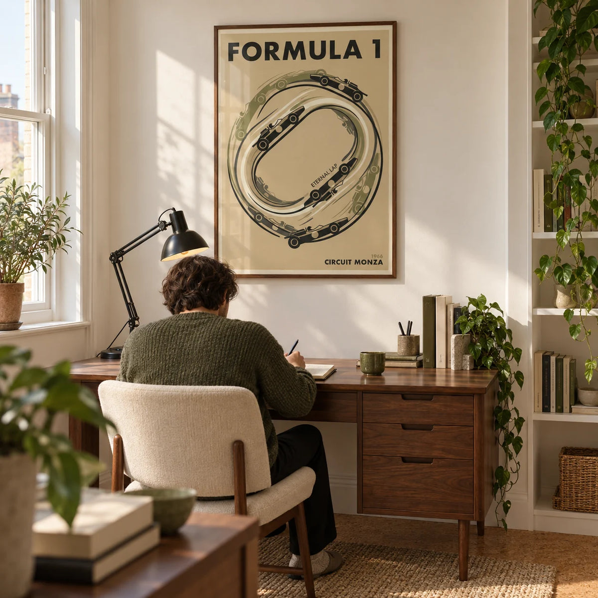 Italian Race Circuit Poster, framed on the wall of a characterful home study in a UK terraced house with warm white walls and a cork floor