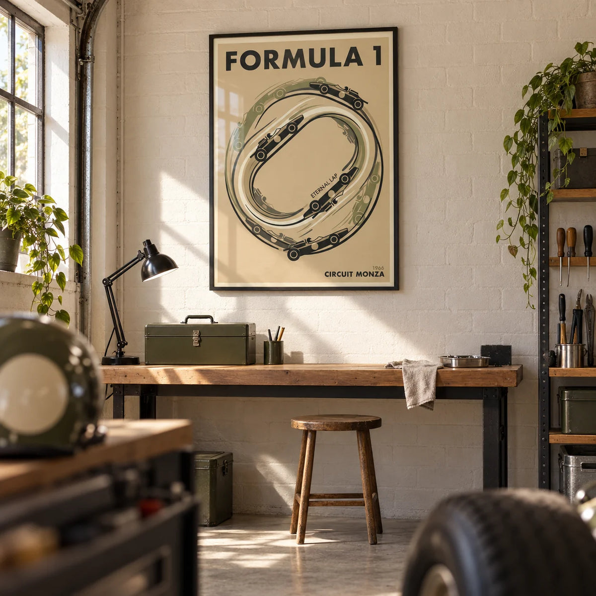 Italian Race Circuit Poster, framed on the wall of a clean hobby workshop in a converted UK domestic garage