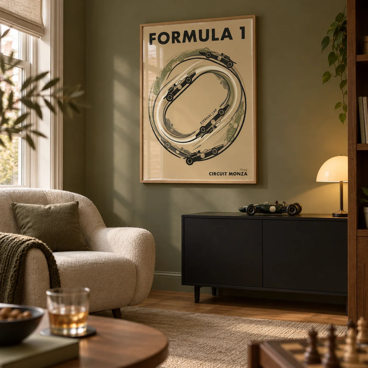 Italian Race Circuit Poster, framed on the wall of a compact adults' games snug in a UK semi-detached house in a living room