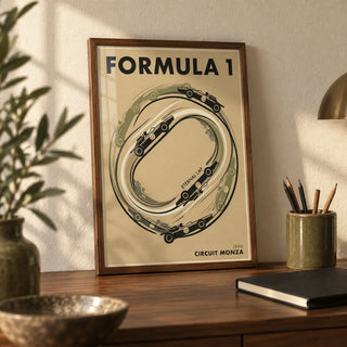 Italian Race Circuit Poster, a small A4 framed print leaning on a walnut desk