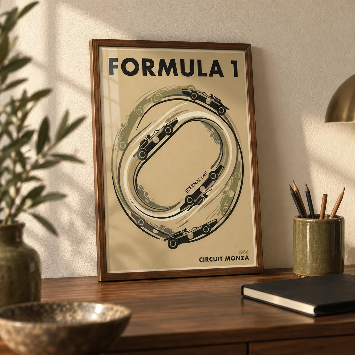 Italian Race Circuit Poster, a small A4 framed print leaning on a walnut desk