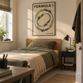 Italian Race Circuit Poster, framed on the wall of a tidy single bedroom for a motorsport-loving older teenager (16-17) in a UK family home