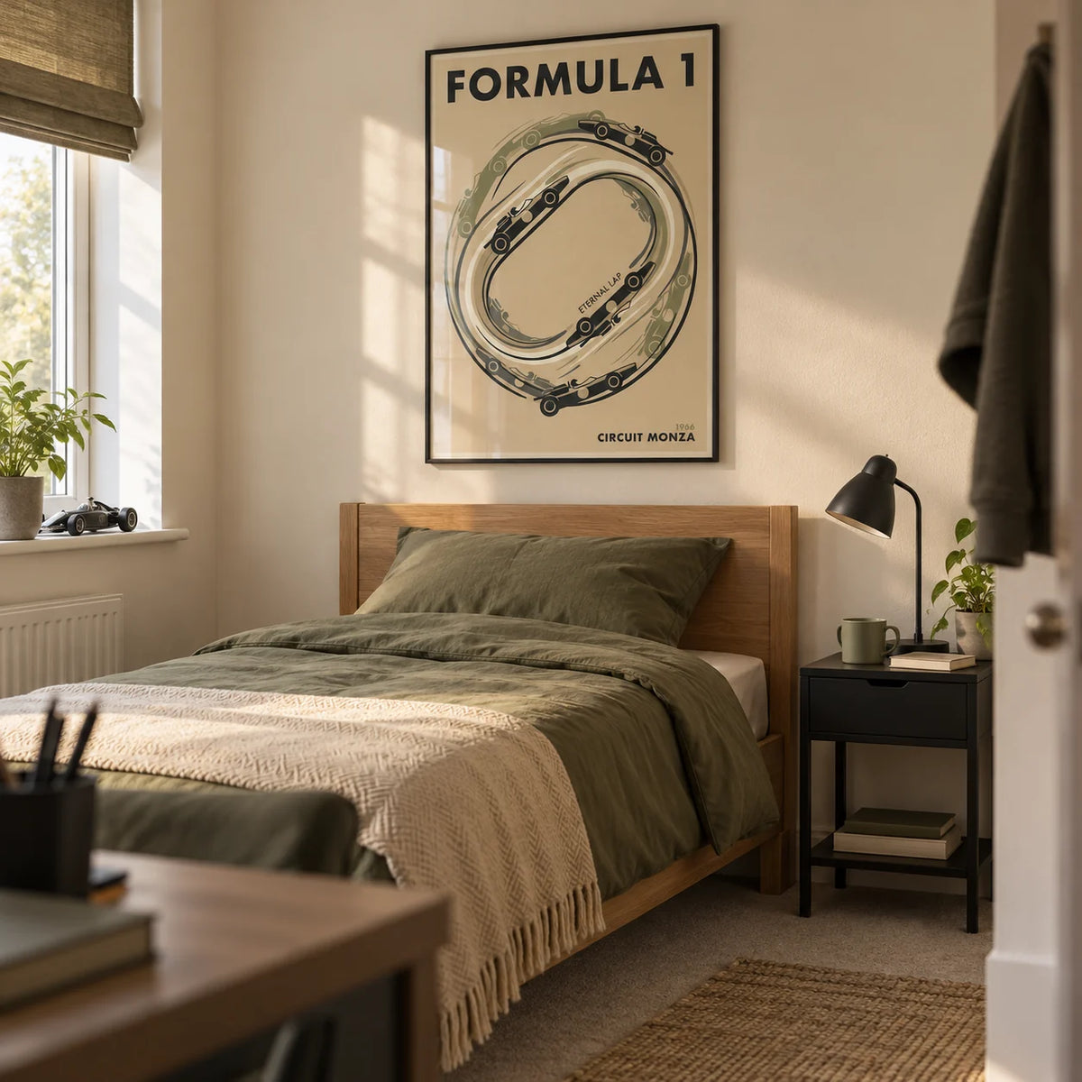 Italian Race Circuit Poster, framed on the wall of a tidy single bedroom for a motorsport-loving older teenager (16-17) in a UK family home