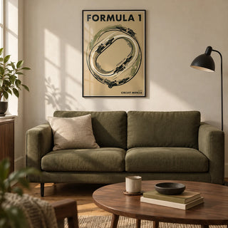 Italian Race Circuit Poster, framed on the wall of a warm modern living room in a UK first flat for a motorsport fan (22-28)