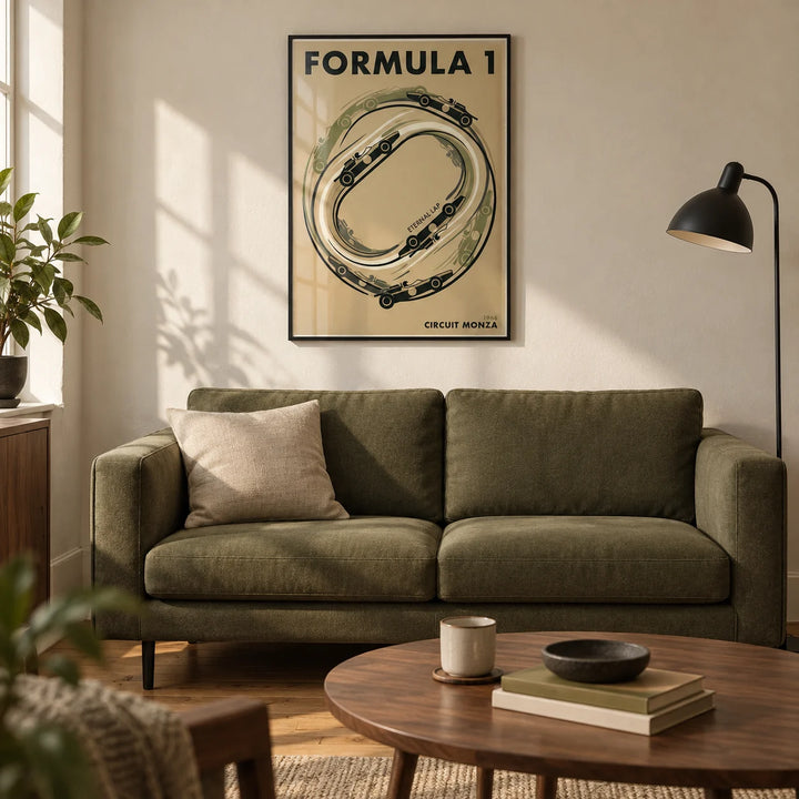 Italian Race Circuit Poster, framed on the wall of a warm modern living room in a UK first flat for a motorsport fan (22-28)