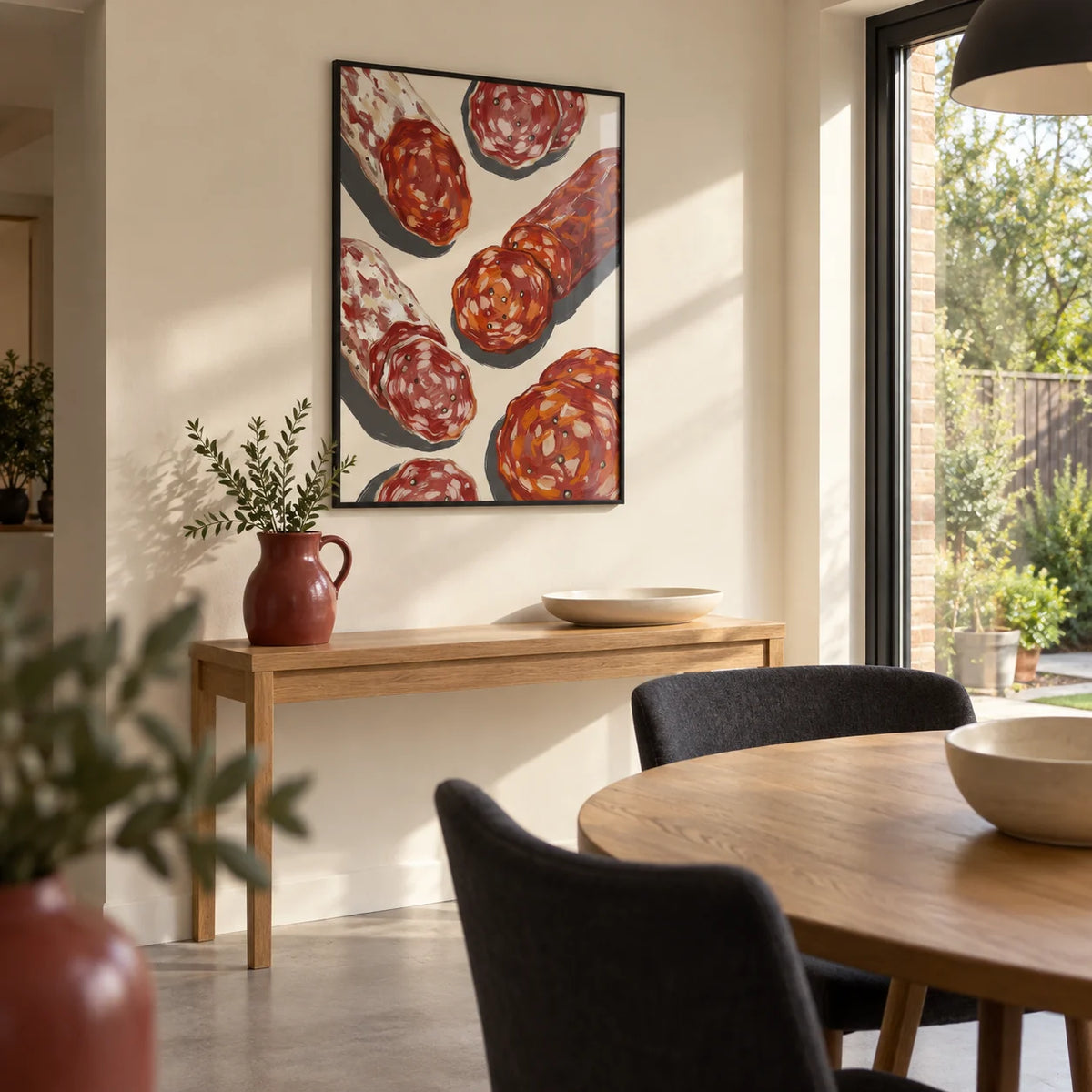 Italian Salami Print, framed on the wall of a bright rear-extension dining space in a UK family home with garden-facing glazing