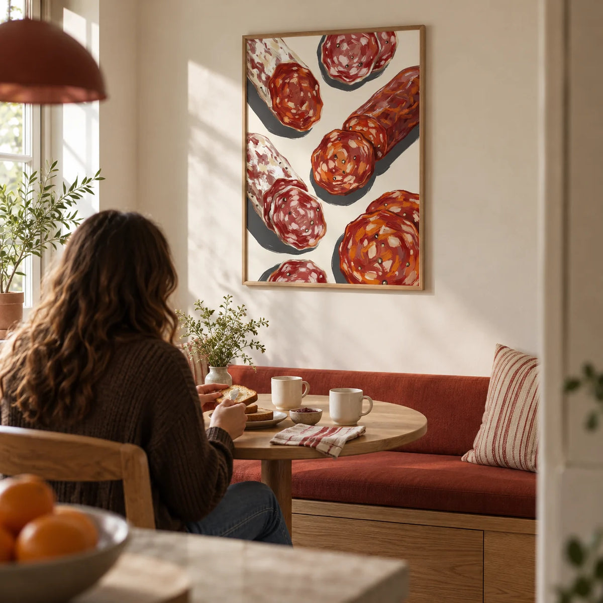 Italian Salami Print, framed on the wall of a compact kitchen breakfast nook in a first flat for a couple aged 25-35