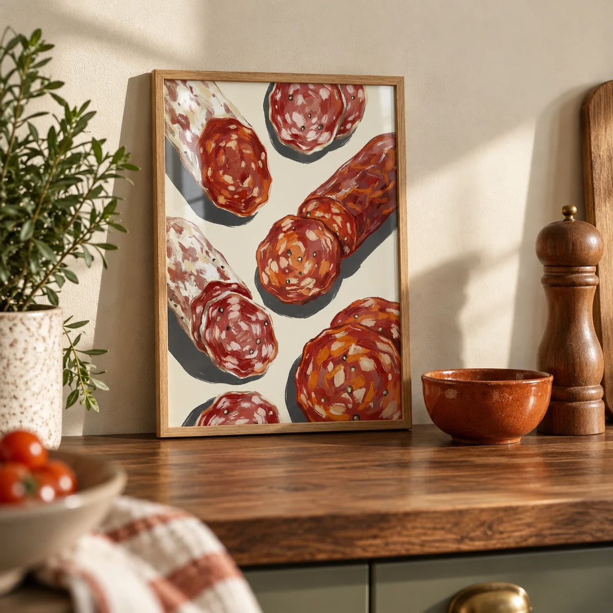Italian Salami Print, a small A4 framed print leaning on a walnut kitchen worktop
