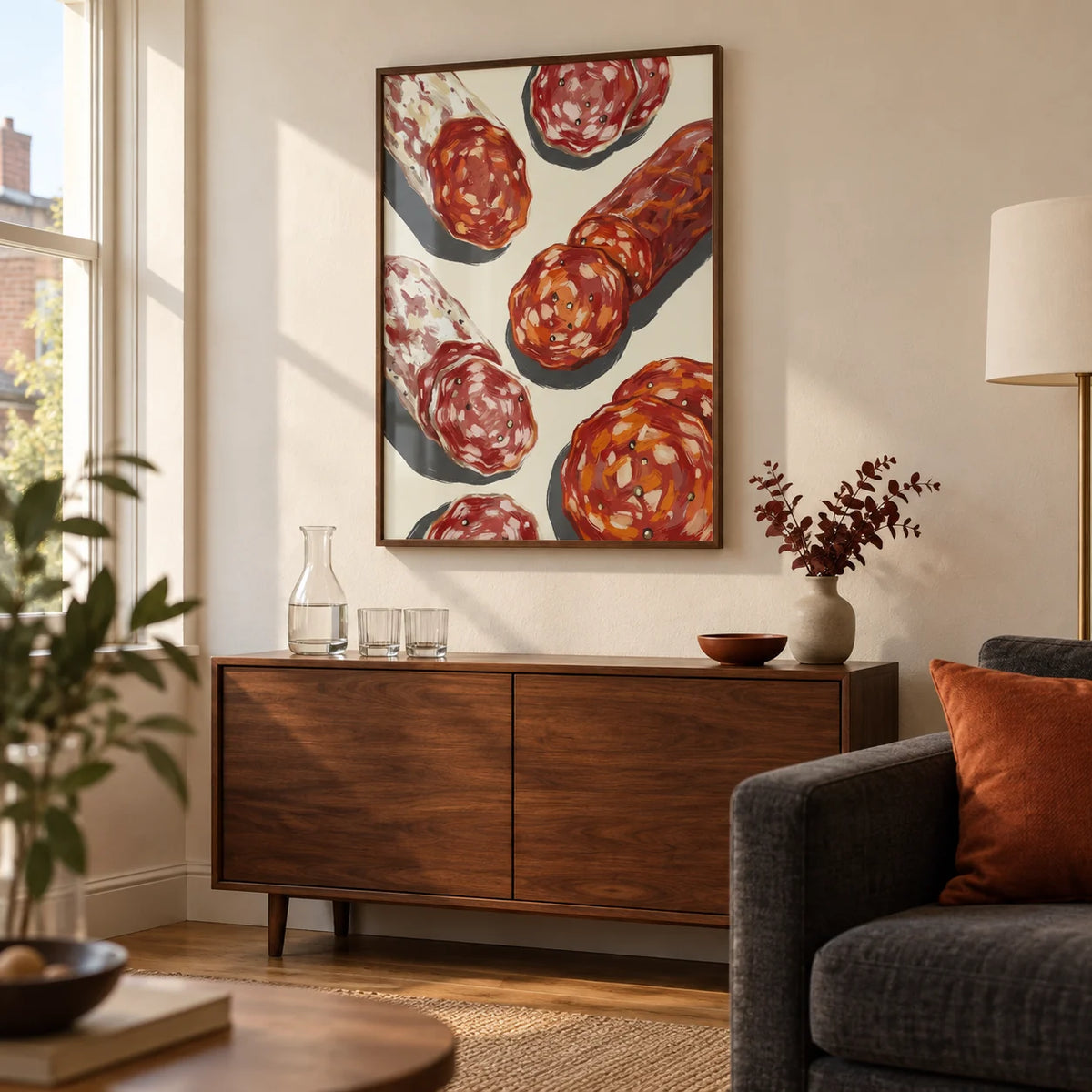 Italian Salami Print, framed on the wall of a warm contemporary living room in a UK maisonette with cream plaster walls and a charcoal sofa