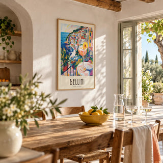 Italian Style Cocktail Wall Art, framed on the wall of a Italian kitchen-diner with whitewashed walls and wooden beams