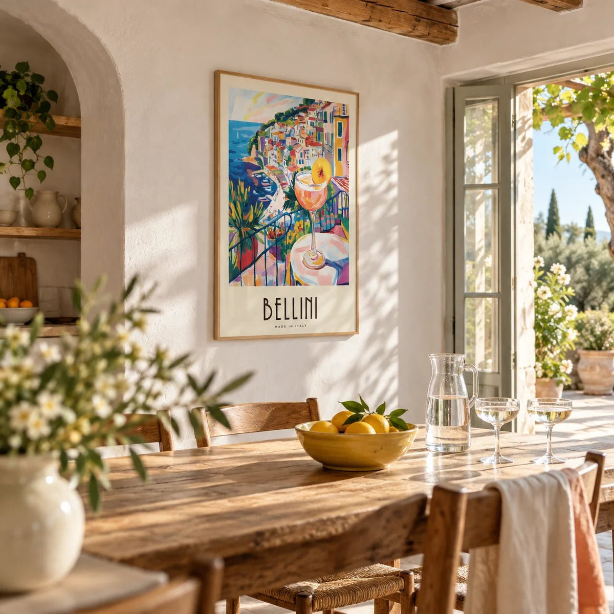 Italian Style Cocktail Wall Art, framed on the wall of a Italian kitchen-diner with whitewashed walls and wooden beams