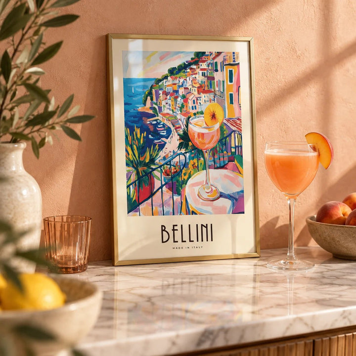 Italian Style Cocktail Wall Art, a small A4 framed print leaning on a shelf in a living room