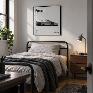 Italian Supercar Art Print, framed on the wall of a compact single bedroom for a young adult car enthusiast (18-25) in a UK home with a white wall and oak floor