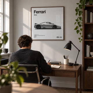 Italian Supercar Art Print, framed on the wall of a design-conscious home study in a UK terraced house with a pale grey wall and walnut shelving