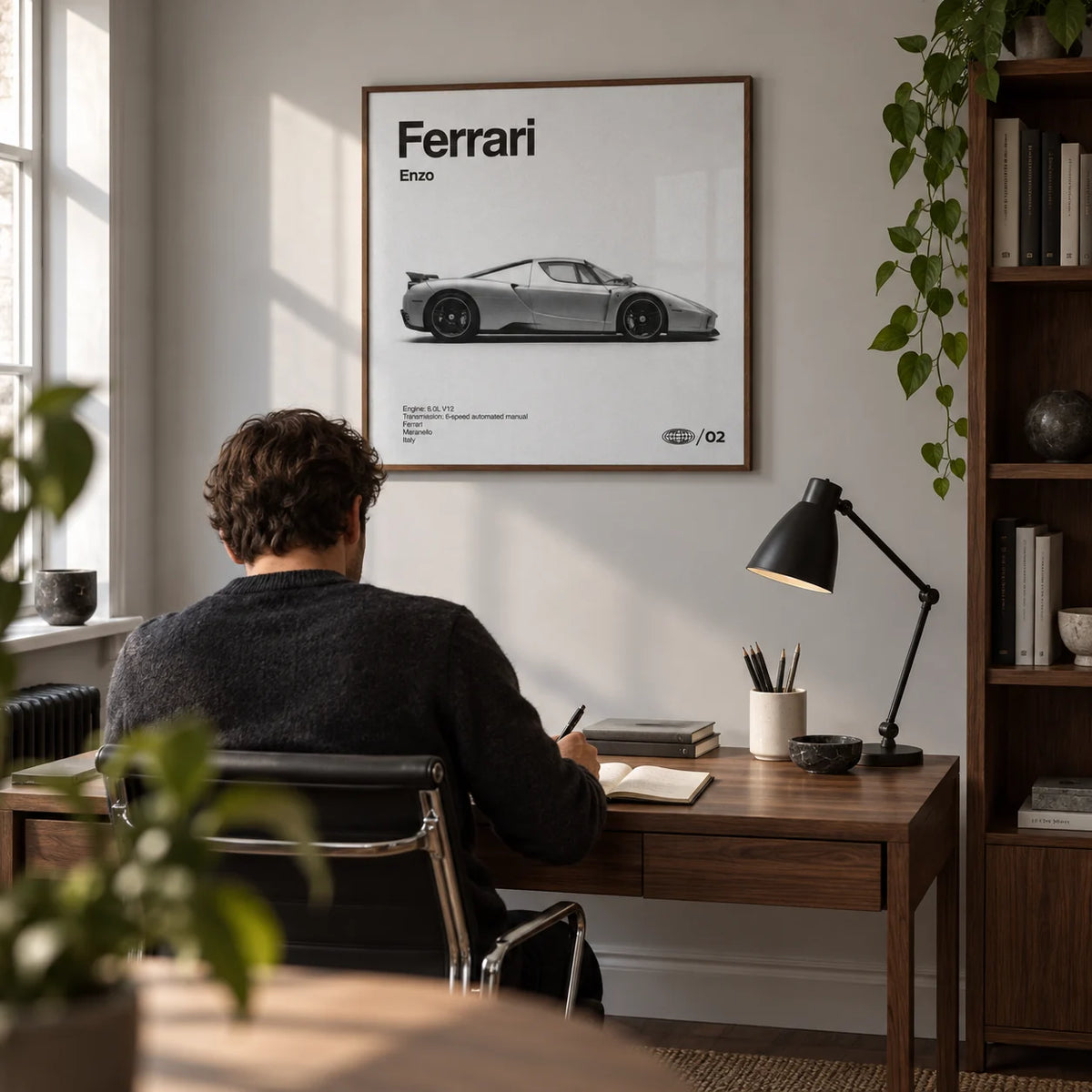 Italian Supercar Art Print, framed on the wall of a design-conscious home study in a UK terraced house with a pale grey wall and walnut shelving