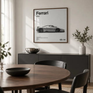 Italian Supercar Art Print, framed on the wall of a modern dining room in a UK first flat (22-28) with an off-white wall