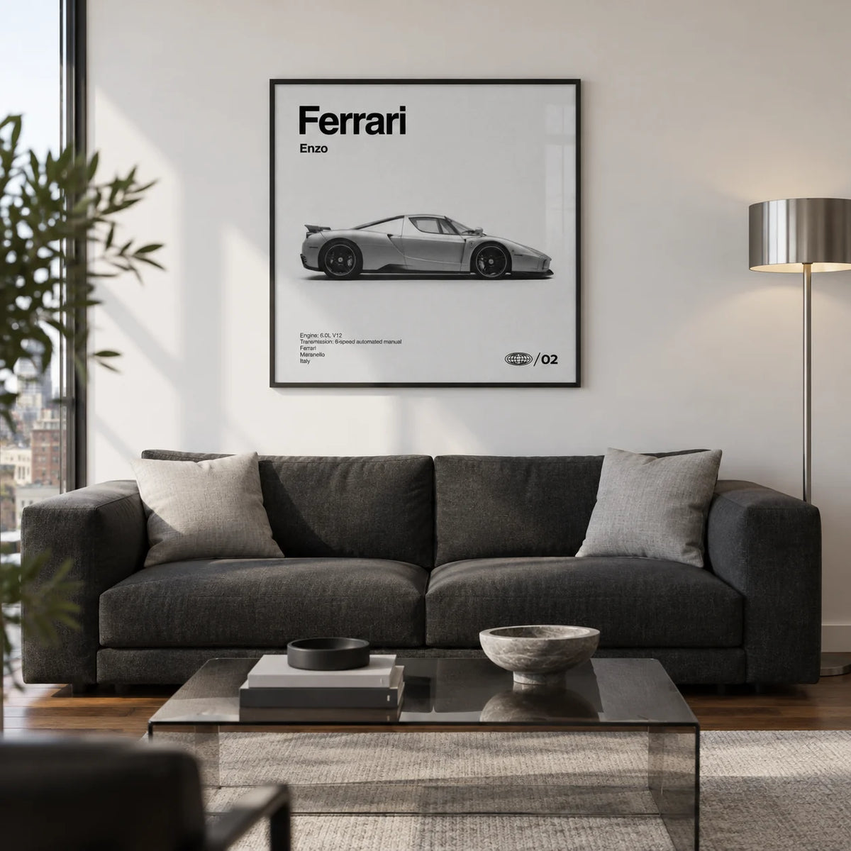 Italian Supercar Art Print, framed on the wall of a modern living room in a UK city flat with a chalk-white wall