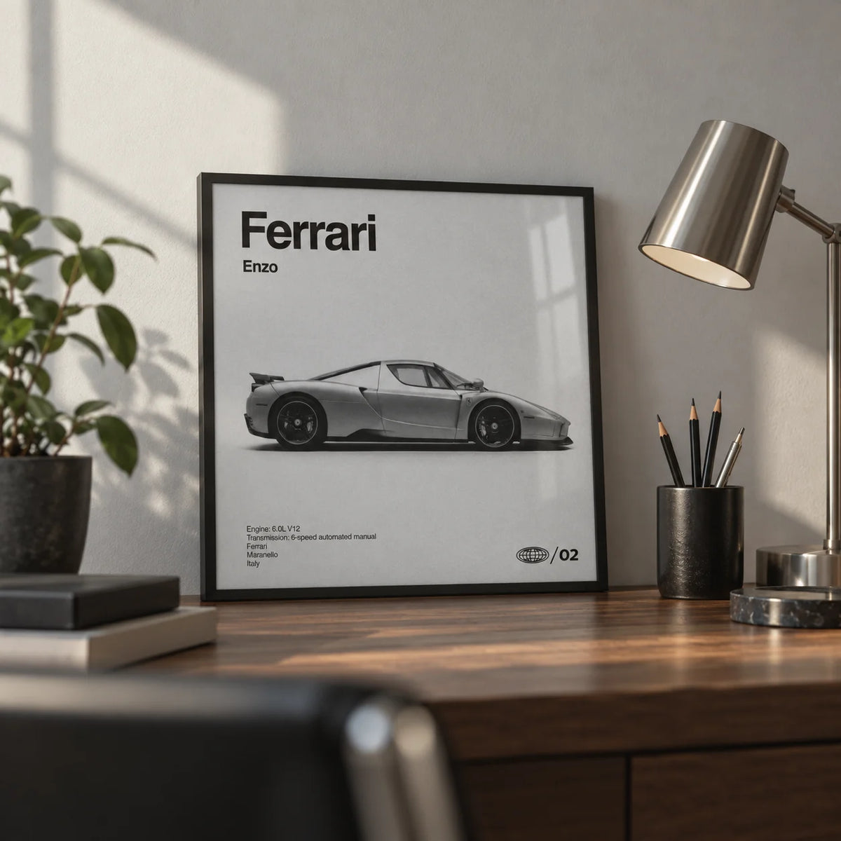 Italian Supercar Art Print, a small A4 framed print leaning on a walnut desk