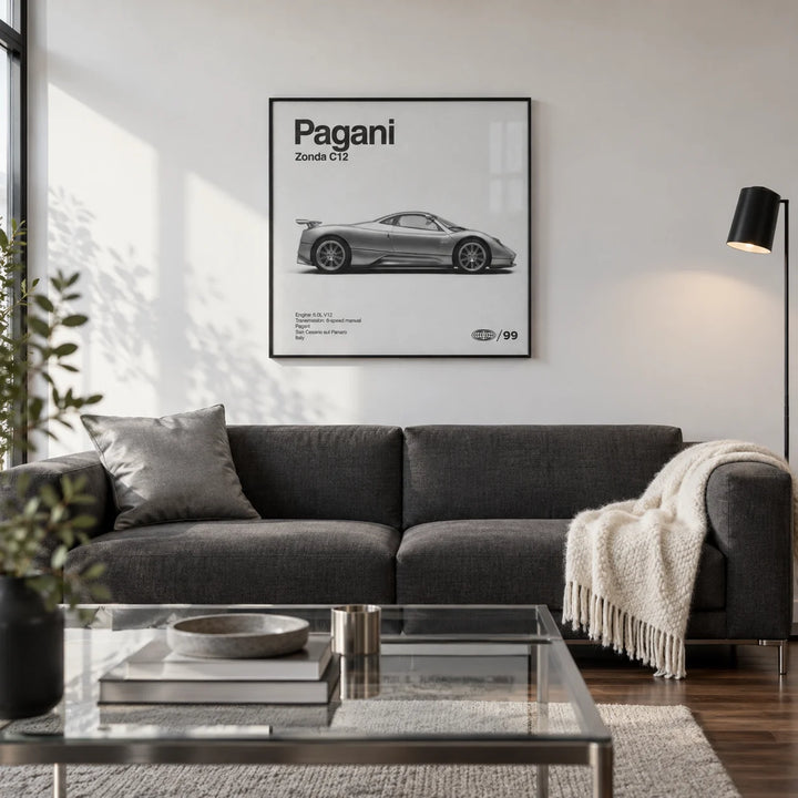 Italian Supercar Wall Art, framed on the wall of a crisp modern living room in a UK city flat with a white wall